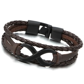 COOLSTEELANDBEYOND Black Infinity Love Number 8 Brown Leather Bangle Bracelet for Men Women Three-Row Wristband