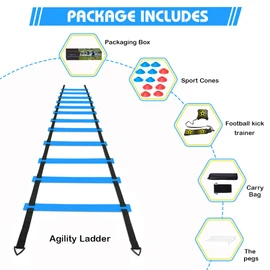 YGORTECH Soccer Agility Training Equipment Set, Soccer Accessories 20 ft Agility Ladder, 12 Sports Cones, Solo Soccer Trainer, Footwork Drills for Adults Equipment Boy Blue Ladder