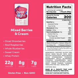 Oats Overnight Mixed Berries & Cream - Overnight Oats with 22g Protein, High Fiber Breakfast Protein Shake - Gluten Free Oatmeal, Non GMO High Protein Oatmeal (2.8 oz per meal) (24 Pack)