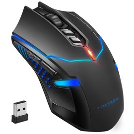 TERPORT S200 Mouse Inalámbrico para Juegos, Ratón con un Clic Silencioso Unico, Tecnología Inalámbrica 2.4G, 7 Botones, 5DPI Ajustables Hasta 2400, Retroiluminación Azul, Empuñaduras Ergonómicas