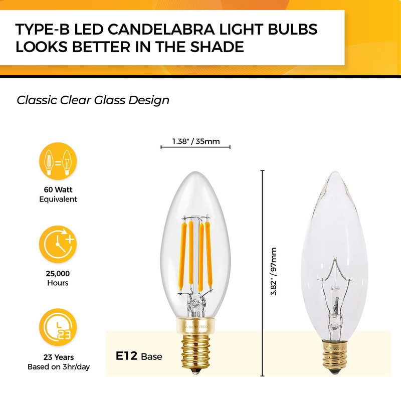 Hizashi 90+CRI Candelabra LED Light Bulbs 60 Watt, 2700K Warm
