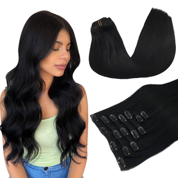 MAXITA Real Hair Extensions, 50 cm / 20 Inches, 120 g, 7 Pieces, Deep Black, Clip-In Extensions, Real Hair, Remy Hair Extensions, Natural Real Hair Extensions