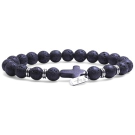 Natural Tiger Eye Lava Rock Bead Bracelet Black Agate Frosted Cross Rosary Meditation Prayer Jesus Bracelet Women Yoga Jewelry Balance Bracelet Anxiety Bracelet Women Men Teen Unisex Gift (Lava Rock)