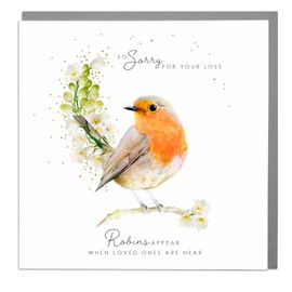 Lola Design - So Sorry For Your Loss - Robins appear when loved ones are near - Sympathy - Blank Greeting Card with Grey Envelope