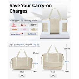 ECOHUB for Ryanair Cabin Bags 40x20x25, Expandable Underseat Hand Luggage Bag, Foldable Carry On Bag with Removable Wet Pocket, Water-Resistant Overnight Hospital Weekend Bag for Women (Beige)