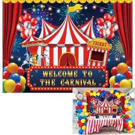 7x5ft Carnival Circus Backdrop Circus Tent Party Backdrop Carousel Ticket Booth Background Child Kid Boy Baby 1st Birthday Carnival Banner Photo Props Supplies