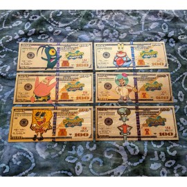 6 Piece 24k Gold Foil Plated Sponge Bob Collectible Banknote Set.  Mint!