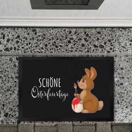 speecheese Beautiful Easter Holiday Door Mat XL in 40 x 60 cm with Rabbit and Easter Egg Door Mat as Decoration for Easter Painted the Easter Bunny on the Door Mat One Egg with a Red Brush