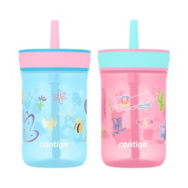 Contigo Leighton Kids Water Bottle, 2-Pack, 14oz, Spill-Proof, Blue Raspberry/Azalea & Butterlies/Llamas, Dishwasher Safe Tumbler with Straw