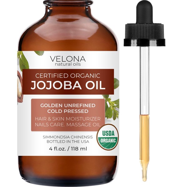 velona Jojoba Oil USDA Certified Organic - 4 oz (With Dropper) | Golden, Unrefined, Cold Pressed | For Face Hair Body Skin Care, Stretch Marks, Cuticles | Moisturizing Natural Carrier Oil Hexane Free…