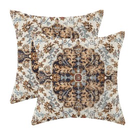 AEIOAE Boho Pillow Covers 20x20 Inch Set of 2,Carpet Pattern Throw Pillows Case,Navy Blue Brown Ethnic Design Outdoor Decorative Square Linen Farmhouse Decor Cushion Covers for Home Sofa Bed Couch