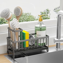 Cisily Charcoal Gray Sponge Holder for Kitchen Sink, Sink Caddy Organizer with High Brush Holder, Kitchen Countertop Organizers and Storage Essentials, Rustproof 304 Stainless Steel