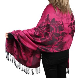 TZ Promise Women's Pashmina Shawls and Wraps Reversible Floral Flower Rave Scarf (Hot Pink)