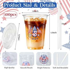 100 Pcs 250th Anniversary 4th of July Cups with Lids and Straws, 12 OZ Patriotic Disposable Cups for Fourth of July Decorations, Disposable Plastic Cup Snowman Design, Independence Day Memorial Day
