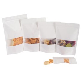 100 Pcs White Kraft Paper Bags with Window, 4" x 6" Stand Up Pouches, Zip Lock Food Storage Bags for Packaging Products, Reusable, Sealable