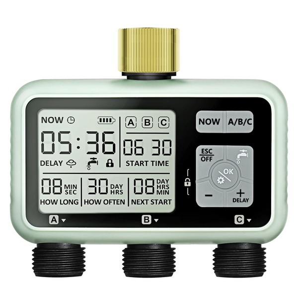 Watering Timer 3 Zone with Brass Inlet, Sprinkler Timer, Programmable