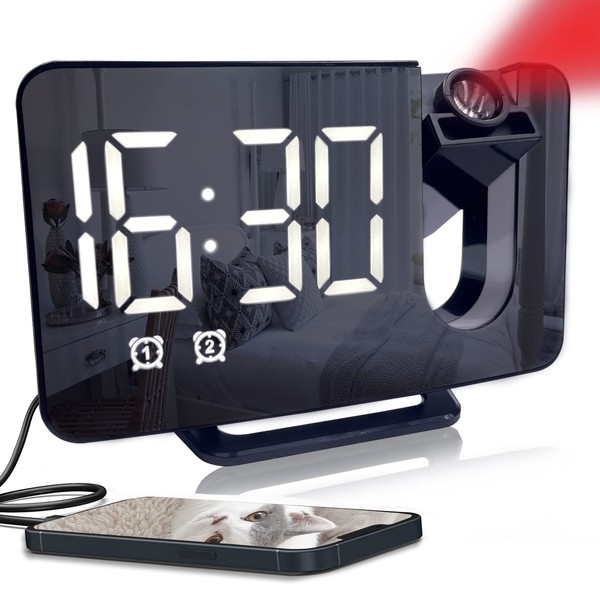 Projection Alarm Clock, 180° Rotatable Radio Alarm Clock Bedside Large Led Digital Clocks with FM Radio, Adjustable Dual Alarm with Projection USB Charge, Snooze, 3-Level Dimmer for Heavy Sleepers