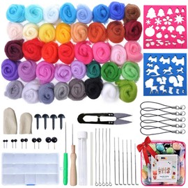 Felt Wool Fairy Tale Wool, 40 Colours Felt Wool Set, Needle Felting Wool Set, Including 2 Templates, 20 Eyes Needle Felt Wool Set for Wet Felting and Dry Felting DIY Crafts