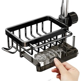 Kitchen Sink Faucet Organizer, Dish Sponge Holder Over Faucet Kitchen Sink Caddy Organizer with Hook for Bathroom, Scrubbers, Soap, Work With 0.7-1.1inch Round Water Pipe (Black,Left)