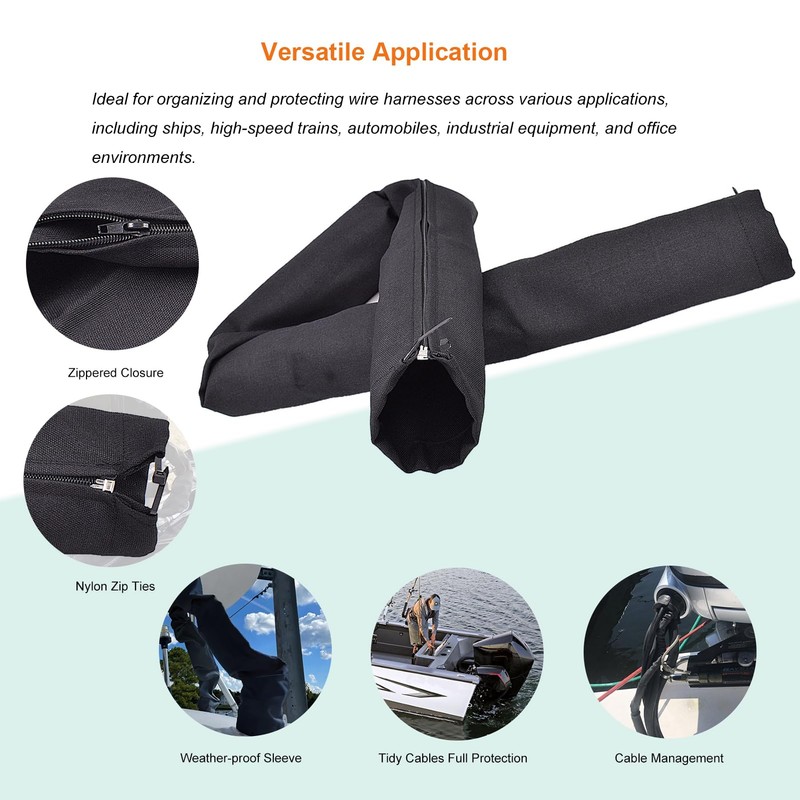 Zesugo 48-Inch Trolling Motor Cable Sleeve, Black Zippered Rigging Organizer