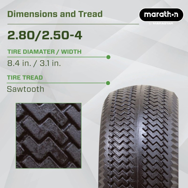 Marathon 00090 Flat-Free 2.80/2.50-4 Tire and Wheel Assembly, 3” Centered