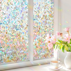 Haton Window Privacy Film, Rainbow Stained Glass Window Clings, 3D Decorative UV Sun Blocking Sticker, Removable Static Cling Heat Control Tint for Home Door, 35.4" x 157.4" Non-Adhesive