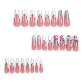 Press on Nails Cute French Press ons Nails White Edge with Glitter Diamonds Glue on Nails False Nails Full Cover Acrylic Stick on Nails for Women Girls 24Pcs
