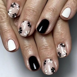 24Pcs Spring Floral Press on Nails Short Square Fake Nails Black White False Nails with Flower Designs Acrylic Nails Press Ons Artificial Nails Full Cover Stick on Nails for Women