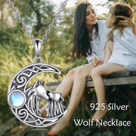 TIGER RIDER Sterling Silver Wolf Necklace for Women Crescent Moon Necklace Moonstone Pendant Mother Daughter Necklace Jewelry Birthday Mothers Day Gifts for Mom Wife