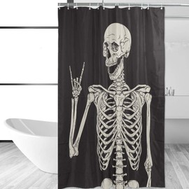 Rock And Roll Skull Skeleton Bone Love Music Shower Curtain Polyester Waterproof, Sugar Candy Skull Day Of Dead On Black Backdrop Bath Room Shower Curtain with Hooks 60 W x 72 H inches