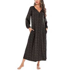 Marvmys Womens Long Sleeve Cotton Sleep Shirts Victorian Long Nightgown Henley Full Length Pajama Gown Black Floral M