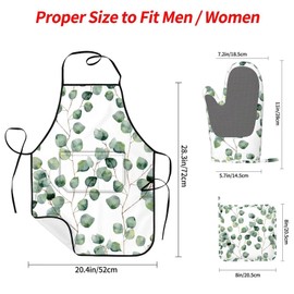 DYCBNESS Eucalyptus Oven Mitts and Pot Holders with Apron Set of 5 Green Leaves Plant Silicone Kitchen Mitts Apron Sage Green Eucalyptus Pot Holder Set Heat Resistant Oven Gloves Hot Holders for BBQ