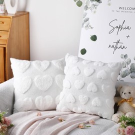 HunnmingRe 2 Pcs Valentine's Day Heart Throw Pillow Covers 18x18 Inch Embroidery Heart Love Pillow Cases Plush Faux Fur Pillowcase Valentines Day Decor for Home Living Room Bed Couch Covers(Beige)