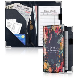 BVYA Metal Corner Server Book Cover - Waitress Book Organizer with Zipper Pouch for Restaurant Waitstaff with Pen Holder
