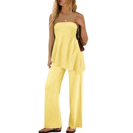 SENSERISE Womens 2 Piece Outfits Summer Knit Sweater Set Matching Lounge Set Off the Shoulder Tops and Pants(Yellow,S)
