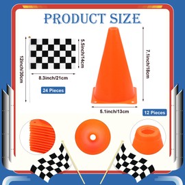 Juego de 36 piezas Conos de tráfico y Banderas de Carreras a Cuadros,24 Banderas Blancas y Negras Para Niños,20 conos de Seguridad Deportivos Naranjas decoración de fiesta de cumpleaños