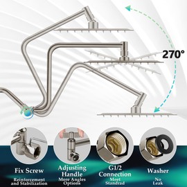 Rain Shower Head Extension Arm, Upgrade 12 Inch Metal Shower Extend Arm, Height/Angle Adjustable Curved Showerhead Extender with 1/2 Universal Connection, Flexible Rise or Lower Shower Head Nickel