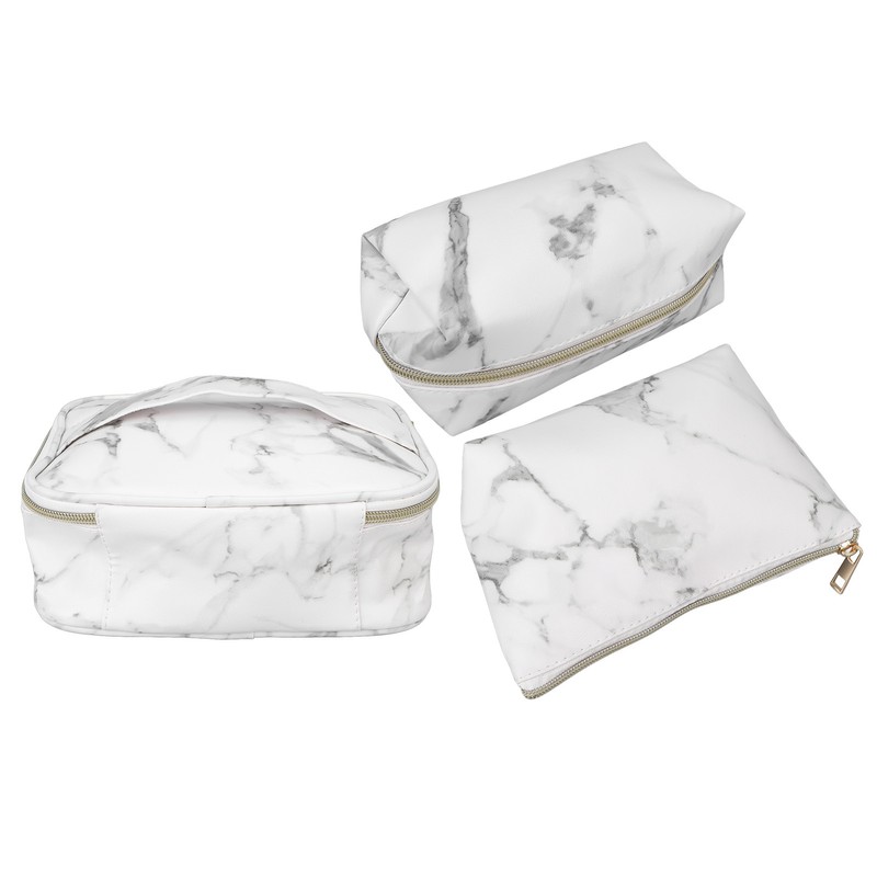 3Pcs Women Cosmetic Bag Marble Print Makeup Case Storage Handbag