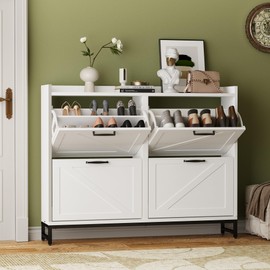 Wooden Shoe Cabinet with 4 Flip Drawers, Narrow Hidden Closed Shoe Rack Storage Organizer with Adjustable Shelf, Freestanding Shoe Cabinet Storage for Entryway, Hallway, Living Room (Linen White)