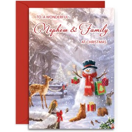 Nephew & Family Christmas Card - Forest Friends - Medium Sized Card (A5 Size -148mm x 210mm) with Envelope