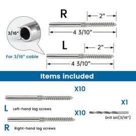 Muzata 20 Pack 3/16" Cable Railing Hardware Kit Swage Lag Screws Left and Right Handed Thread for Wood Post T316 Stainless Steel Deck Cable Railing System 10 Pairs CK27