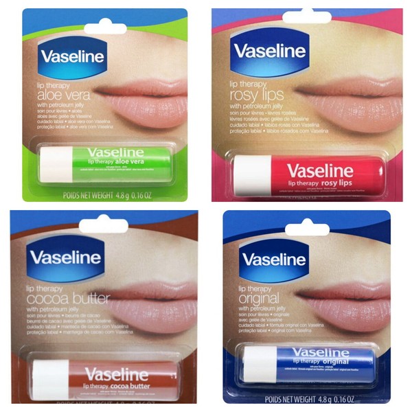 Vaseline Lip Therapy Balm 4 PC Combo Set (Original, Aloe Vera,Cocoa Butter,Rosy)