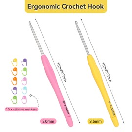 Reessy Crochet Hooks Set, 3.0mm & 3.5mm Ergonomic Crochet Hook Set with Soft Rubber Grip for Arthritic Hands, Ideal Crochet Tool with Stitch Markers for Beginners and Experienced Crochet Lovers