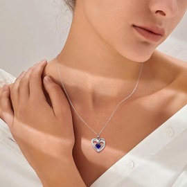 AGRULE Blue Sapphire Necklace 14K White Gold Plated Sterling Silver Double Heart Necklace Romantic Anniversary Jewelry for Women Moissanite Heart Necklaces for Women