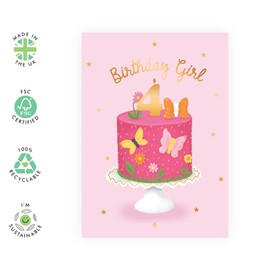 CENTRAL 23 Fourth Birthday Card for Girls - Happy 4th Birthday Card - Age 4 - Four Year Old - Pink Butterfly for Kids - Daughter - Granddaughter - Comes With Fun Stickers