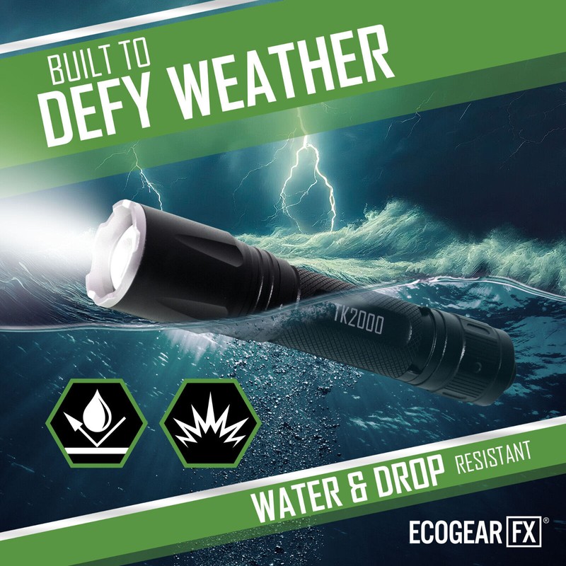EcoGear FX USB Rechargeable LED Tactical Flashligh Bright 2000 Lumens