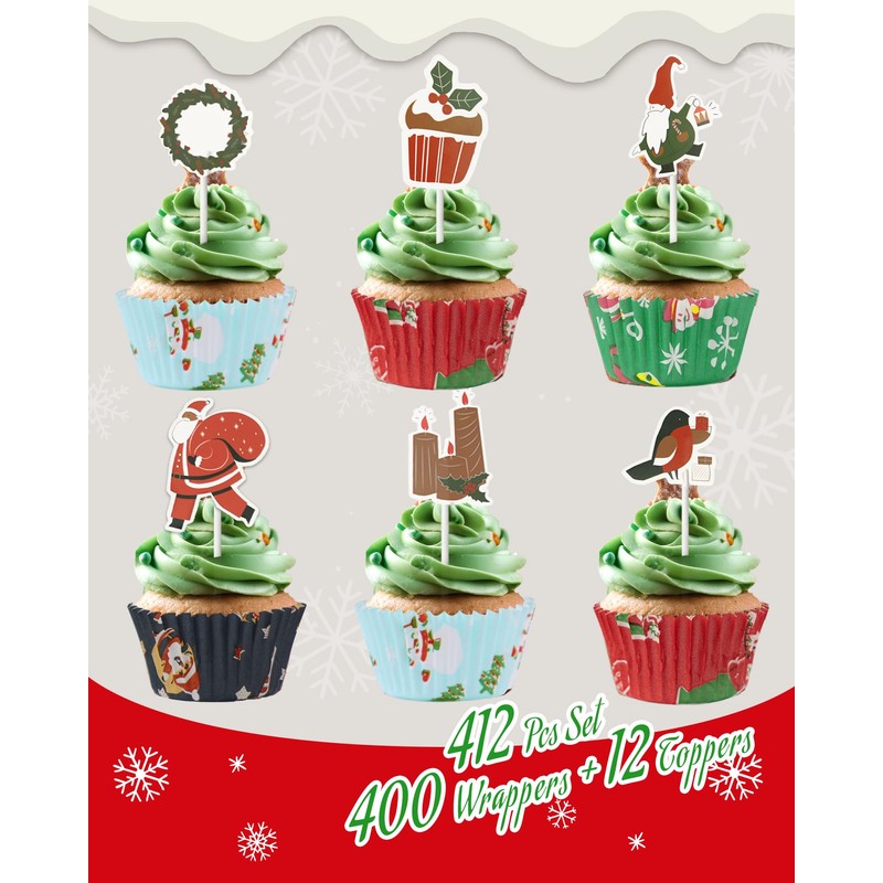 Bake Choice 400 Pcs Christmas Cupcake Liners with 12 Pcs