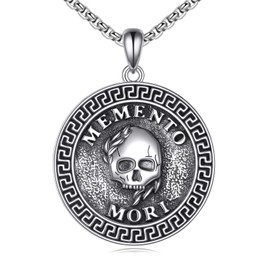 JERWLI Memento Mori Necklace S925 Sterling Silver Memento Mori Skull Pendant Skull Coin Necklaces Gothic Jewellery for Men Women Ladies Christmas Gift, Sterling Silver, No Gemstone