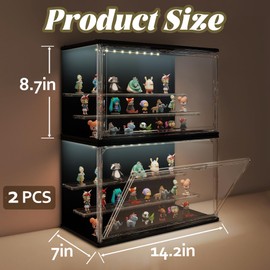 VERSSURE Acrylic Display Case for Collectibles,3-Tier Adjustable Figure Display Case with Led Light,Stackable Clear Storage Bins with Magnetic Door for Toys,Jewelry,Mini Figure Showcase(2PCS,Black)