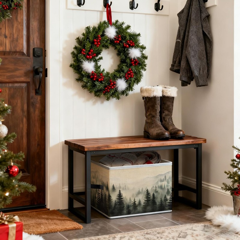 Misty Foggy Mountain Storage Bins, Forest Green Nature Landscape Foldable